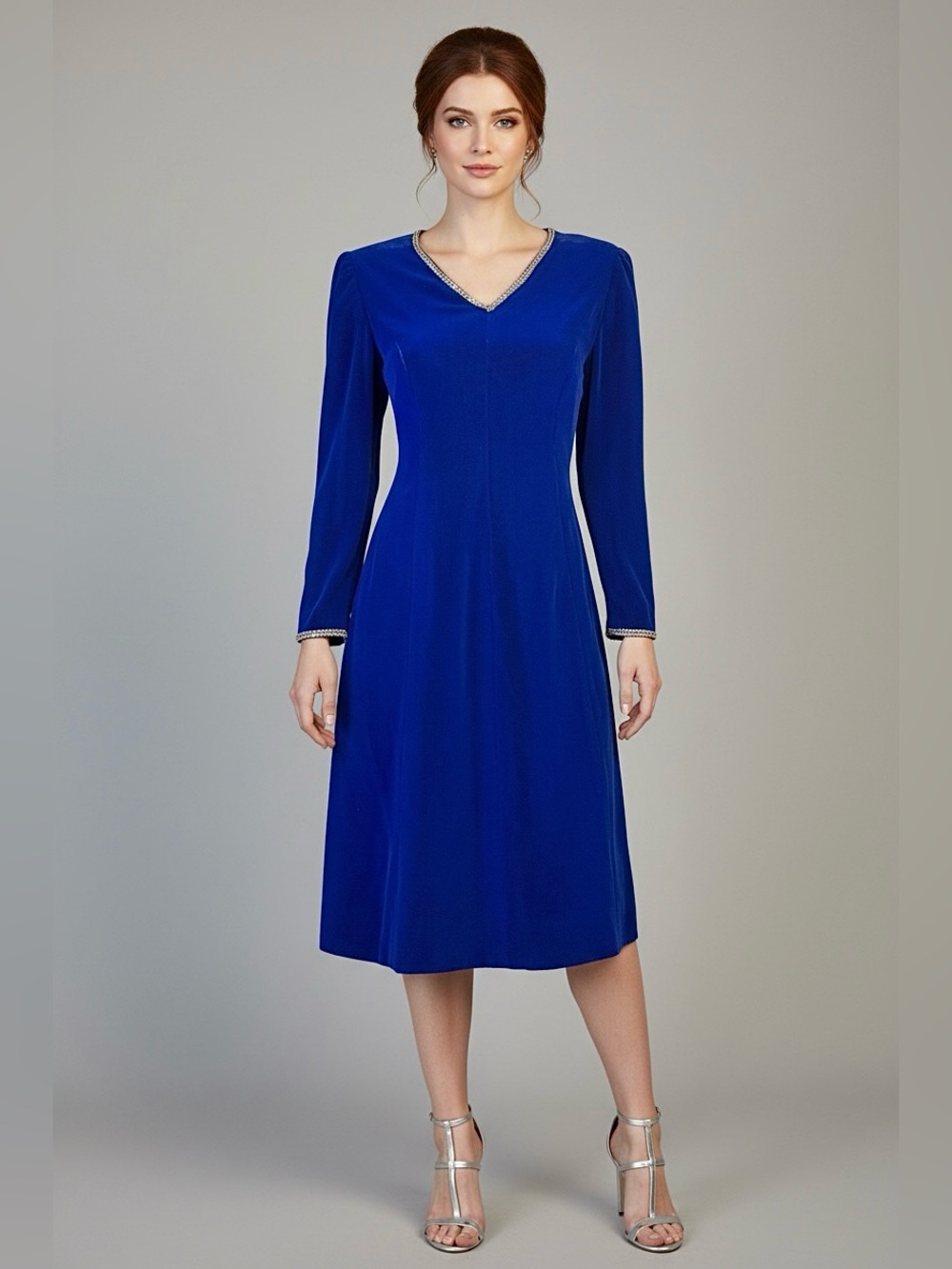 Vintage 60s Cobalt Blue Princess cut Party Dress with Rhinestone Trim/ S